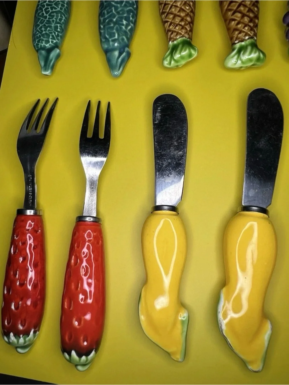 Vintage Japan Fruit Handle Flatware Set Ceramic Knives Forks Stainless Steel